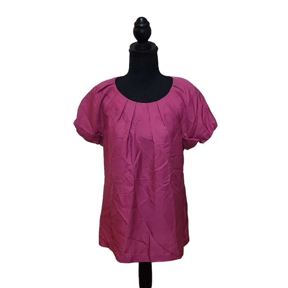 Ann Taylor Puffed Sleeve Pleated Neckline Silk Blouse